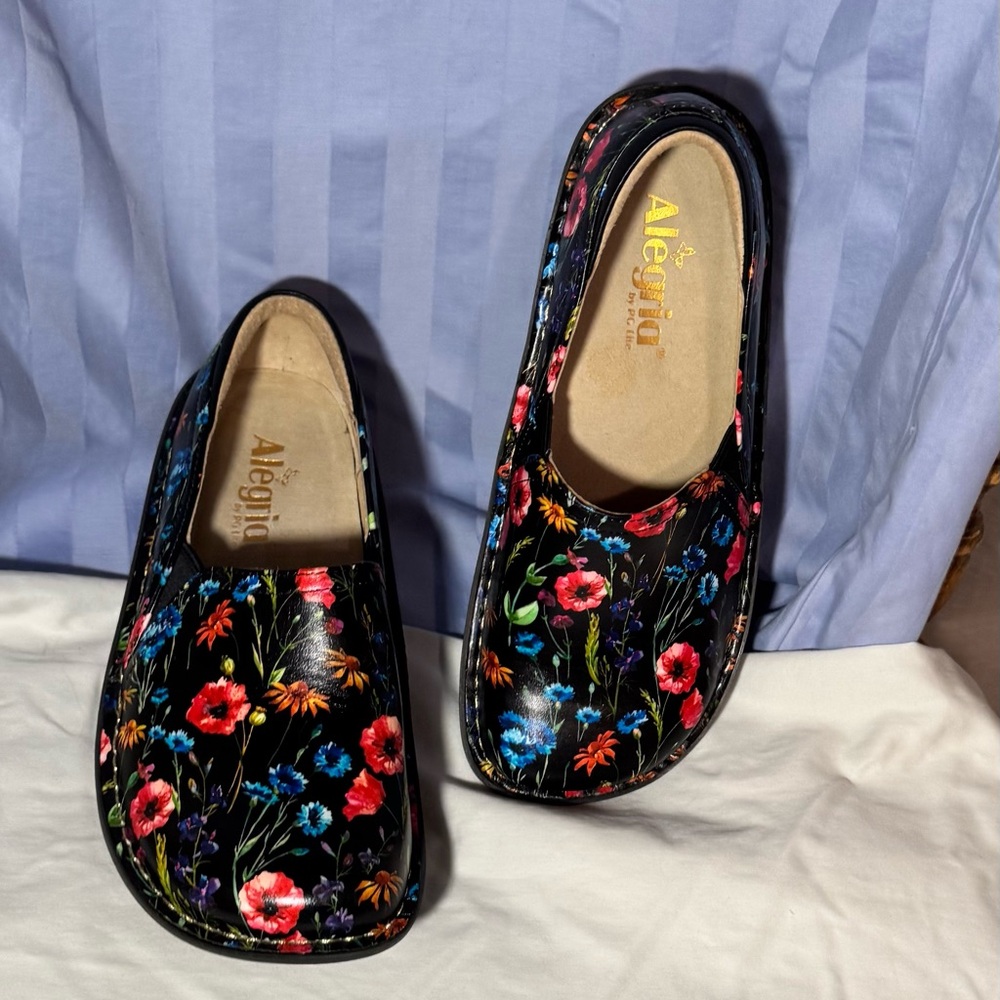 Alegria Black Leather Floral Slip-On Loafers